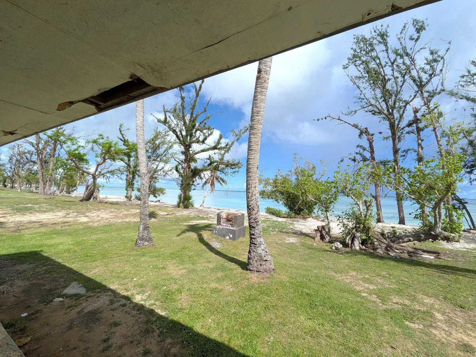 View from beneath a storm-damaged pavilion roof at Paupau Beach, looking out at stripped coconut palms and a BBQ grill
