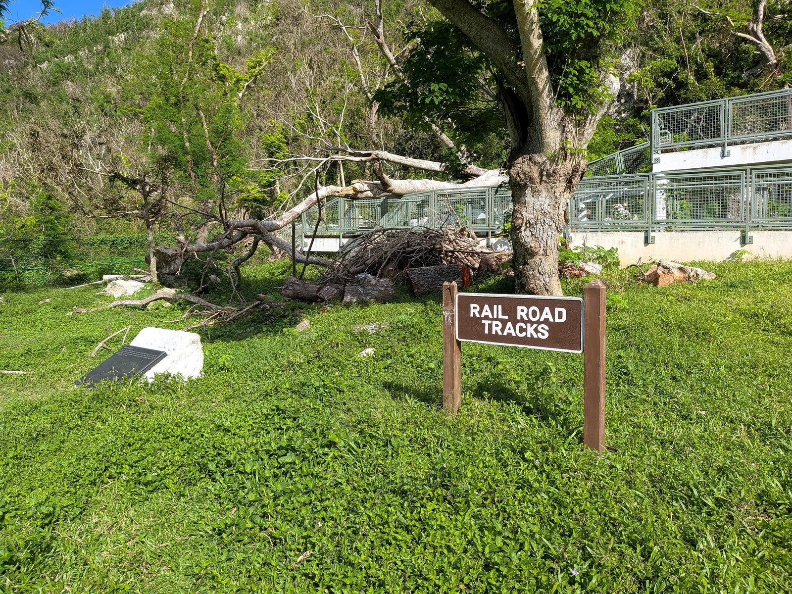 A brown "Rail Road Tracks" interpretive marker on the lawn at Kalabera Cave