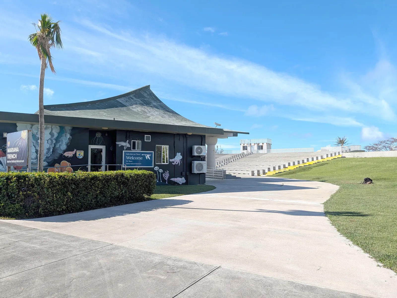 The Mariana Trench Marine National Monument exhibit building and amphitheater seating at American Memorial Park